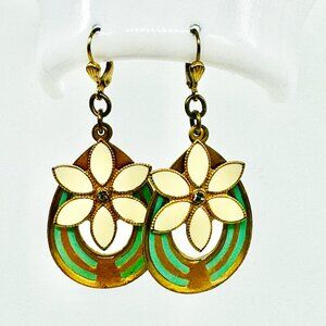Enamel Painted Art Deco Style Gold/Turquoise Drop 2-Layer Earrings Daisy Flower